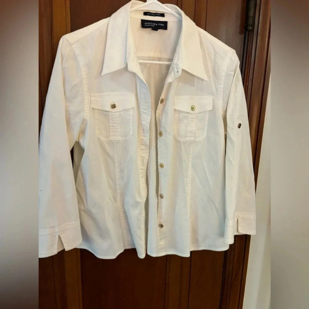 Jones New York Signature stretch Womens L Light Shirt Jacket creme 3/4 sleeve